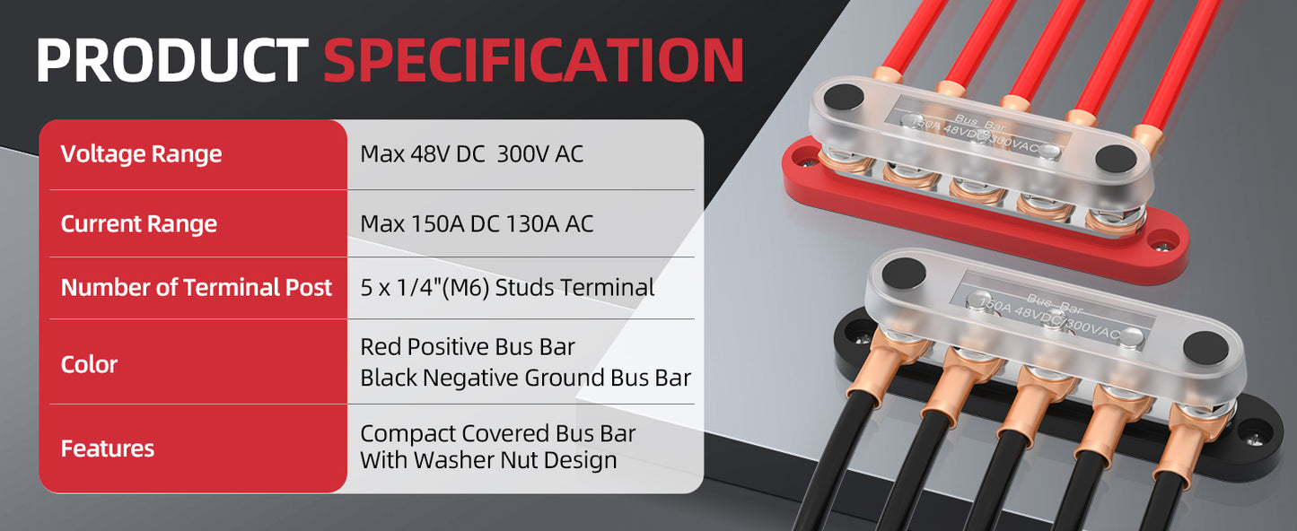DaierTek Bus Bar 12V with Cover 5 x 1/4" Max 150A 48VDC