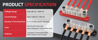 DaierTek Bus Bar 12V with Cover 5 x 1/4" Max 150A 48VDC