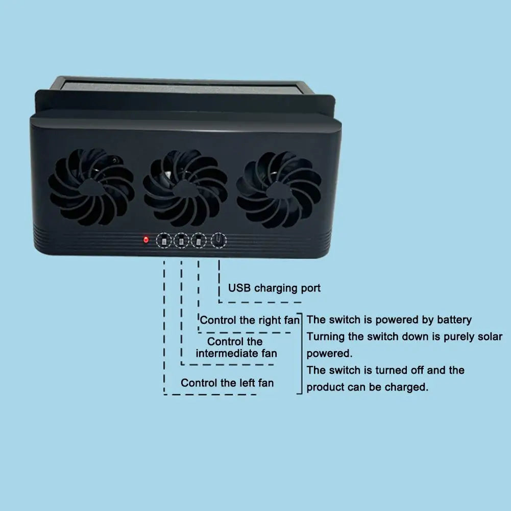 Solar Powered Car Cooling Fan With 3 Air Outlets